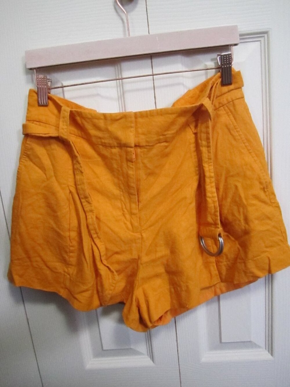 Nine West Bright Mustard Belted High-Waist Linen-Blend Shorts